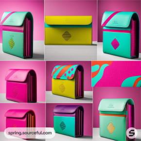 Collage of colorful wallets in vibrant pink, turquoise, and yellow with geometric patterns and modern design.