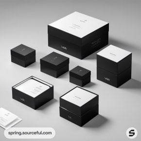 Collection of black and white boxes in varying sizes with minimal text.