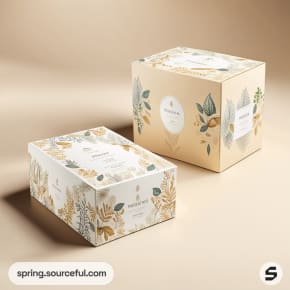 Two floral-patterned cardboard boxes on a light background; one beige and one cream with green and gold foliage.