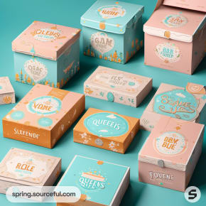 Square and rectangular boxes with whimsical designs in teal, peach, and orange on a teal surface.