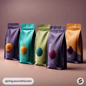 Five standing pouches in various colors with embossed fruit designs on a brown background.