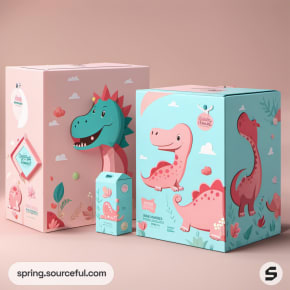 Large and small boxes with vibrant dinosaur illustrations on pink and teal backgrounds.