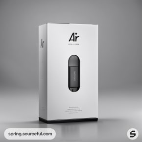 Black device in vertical white packaging box.