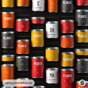 Wall of small tins in vibrant colors, including red, yellow, and black with unique designs.