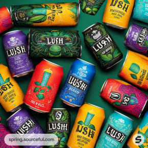 Colorful drink cans with intricate artwork arranged on a green backdrop.