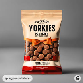 Snack bag with dog treats labeled 'Yorkies Porkies'.