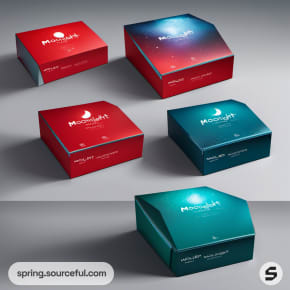 Five red and teal rectangular boxes with celestial motifs.