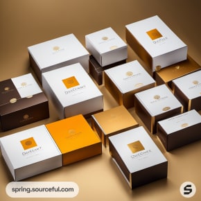 Stacked boxes in brown, gold, and white with elegant packaging.