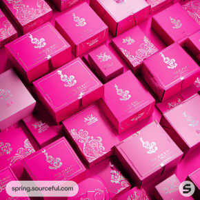 Pink boxes with floral patterns and text in a pattern.