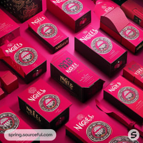 Assorted rectangular pink boxes with circular patterns and dark details.