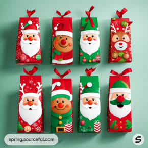 Tall boxes with Santa, reindeer, and snowman designs with bows.