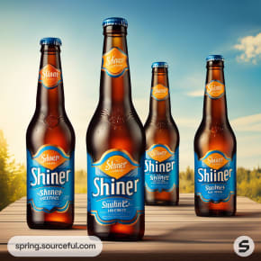 Four beer bottles on a wooden surface with blue skies