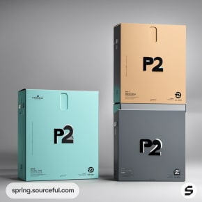 Three branded boxes in blue, beige, and gray with large 'P2' text, stacked on a gray background.