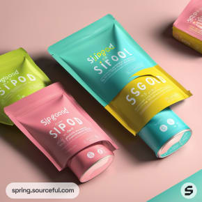 Three pastel-colored pouches labeled SIPOOD and SIPOOD displayed on a pink background.