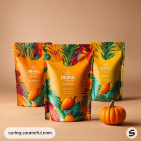 Bright tropical-themed resealable pouches with pumpkin graphics on a beige background.