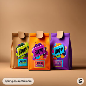 Three vibrant laundry detergent pouches in brown, orange, and purple with colorful splash designs.