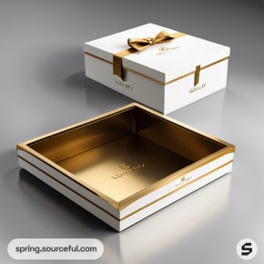 White and gold box with elegant ribbon closure.
