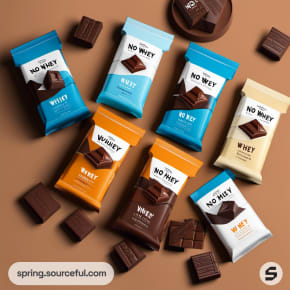 Seven different chocolate bar packages in varied colors on a brown surface.
