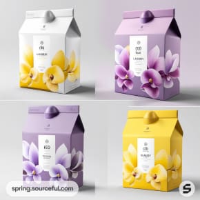 Four carton boxes with floral designs; two with yellow orchids on white and two with purple orchids on lavender.