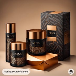 Dark, patterned packaging with gold accents, featuring jars and bottles.