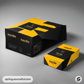 Black and yellow rectangular box packaging with bold text on gray surface.