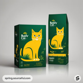 Dark green box with yellow cat illustration on a light background.