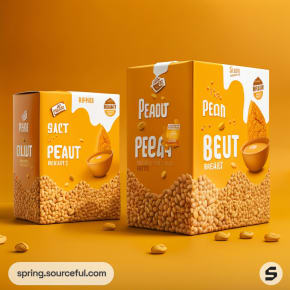 Peanut snack boxes with bold orange designs.