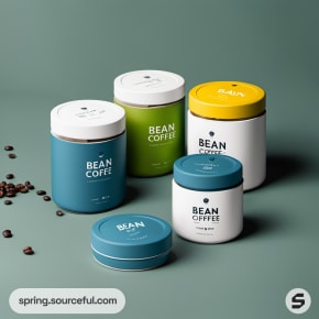 Round containers with colorful lids and bean labels.