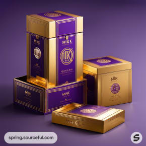 Stacked rectangular purple and gold boxes with striking geometric patterns.