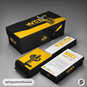 Black and yellow product boxes opened to reveal contents, with text and logo accents, displayed on gray background.