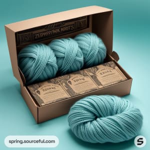 AI-Generated image of packaging for knitting, knitted toys, clothes and objects, made with love, legacy from my grandma}