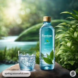 AI-Generated image of packaging for Outdoor product shooting , water droplets splashing , panorama, bright background , a bottle of water on the rocks by the river , charming natural light , cool colors ,behind the lush green plants ,realistic details, depth of field}