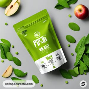 AI-Generated image of packaging for Vegan Protein Powder, made from pea protein, seeds & grains}