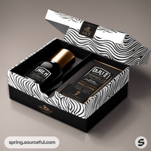 AI-Generated image of packaging for mens grooming kit, initially targeted at men with textured hair and associated hairstyles (afros, dread locs, waves, braids, high top fades etc). the box will have things like a wave brush, du-rag, pomade, beard oils, wave cap, etc).}