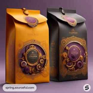 Elegant orange and black coffee bags with intricate golden gear design on purple background.