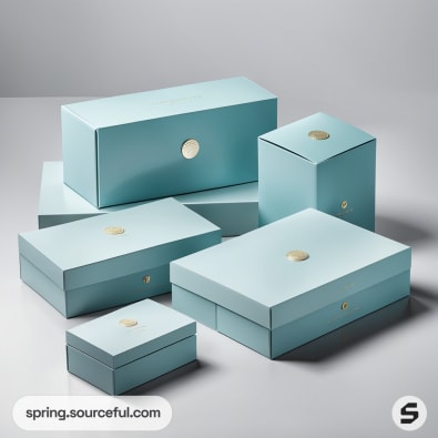 A set of light blue rectangular gift boxes with gold circle accents on a gray background.