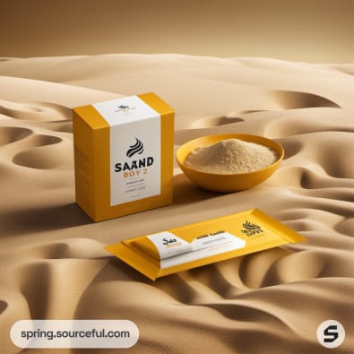 Box and sachet packaging on sand backdrop with bowl of sand.