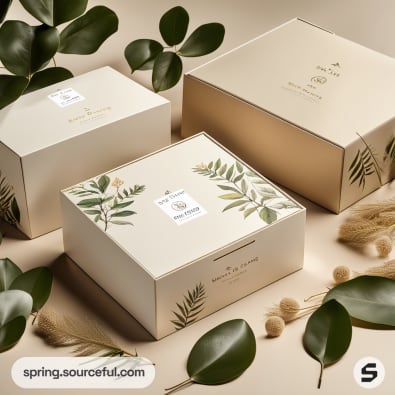 Three eco-friendly mailer boxes with botanical designs among greenery on a light background.