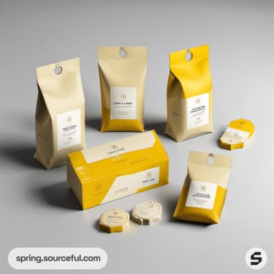 Various yellow and beige resealable pouches and boxes.