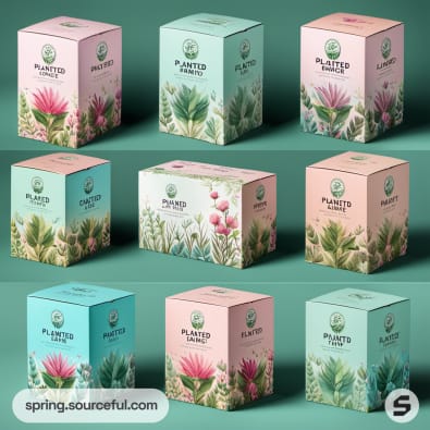 Set of nine floral-themed tea boxes in pastel shades on a green background.