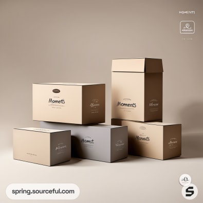 Stacked beige and grey boxes with elegant script and logo.