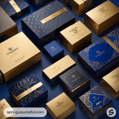 Assorted blue and gold luxury boxes with various sizes and intricate patterns on a blue background.