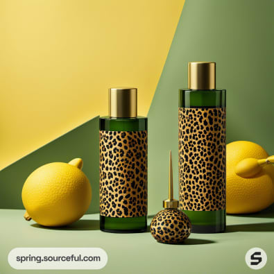 Green bottles with leopard print labels and citrus fruits against a yellow and green background.