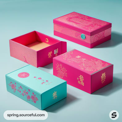 Assorted pink and teal boxes with floral and text designs on a teal surface.