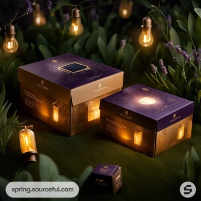 Two decorative purple boxes with glowing designs surrounded by hanging lights and lavender plants.