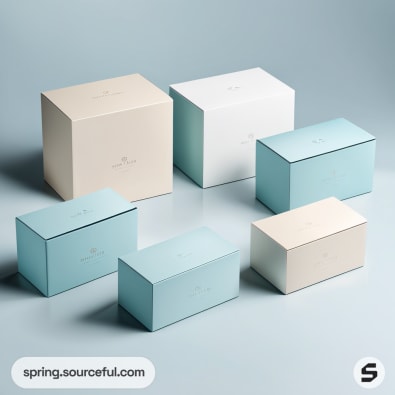 Various sized pastel blue and beige cardboard boxes arranged on a light blue background.