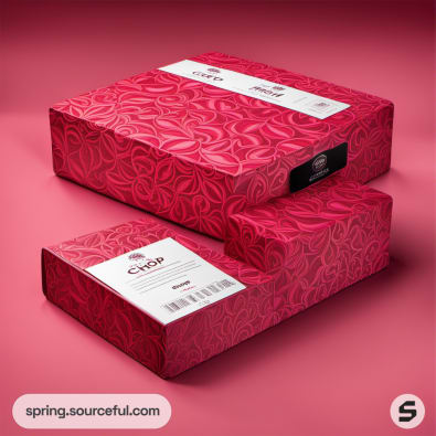 Red floral-patterned cardboard boxes with white labels on a red background.