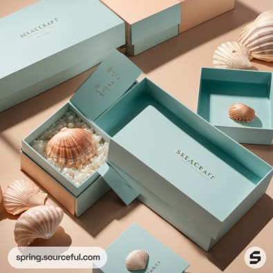 Open sea-themed box revealing interior with shell decoration.