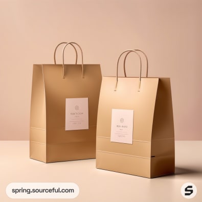 Two gold paper bags with white labels on a beige background.