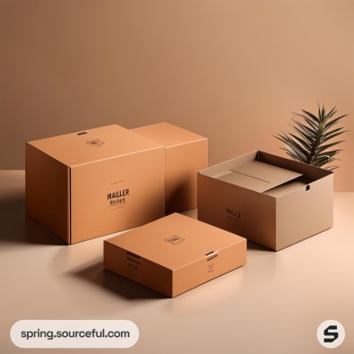 Stacked brown boxes with a plant on a beige surface.